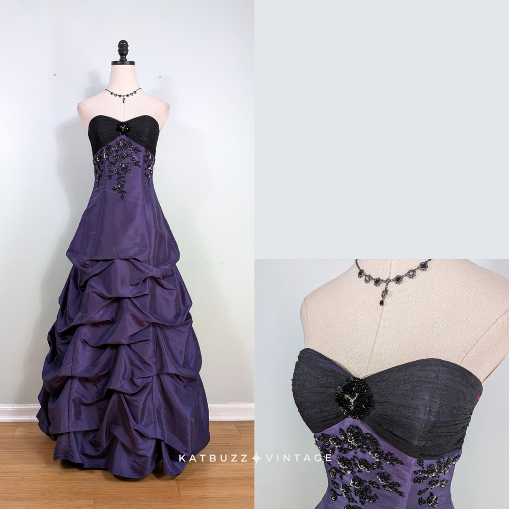 Y2K Prom Dress Maxi Gown 4 Purple Black Goth Strapless Empire Ball Princess Goth